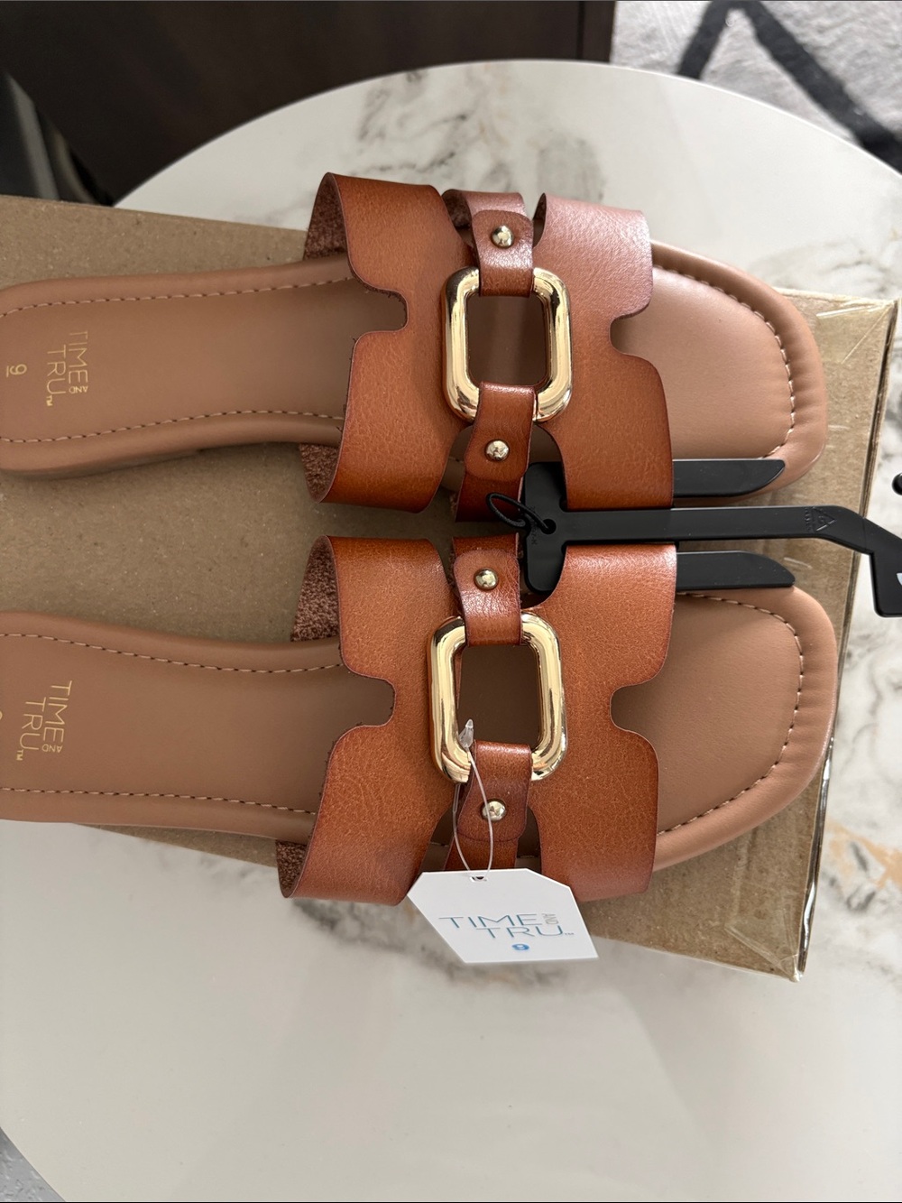 Time and Tru Tan Brown Slide Sandals with Gold Buckle Size 9 - Picture 7 of 9